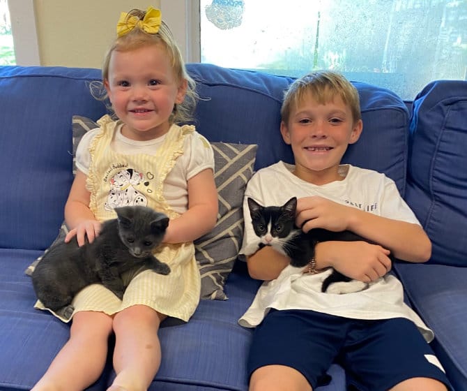 Kids holding 2 new kittens