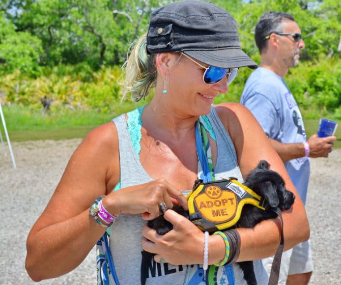 Woman holding a puppy for adoption